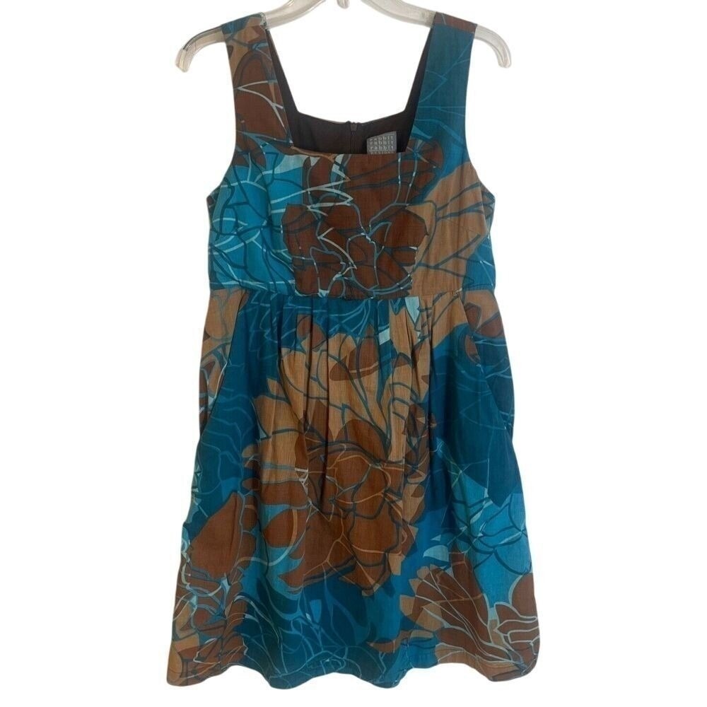 Rabbit Rabbit Rabbit Aqua Brown Floral Lined Sleeveless Dress No Belt Size 12